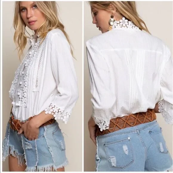 IVORY Floral Lace Mock Neck Blouse Flared Sleeves - Picture 2 of 14